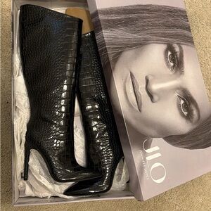Jennifer Lopez Glossy Black Croc Heeled Boots